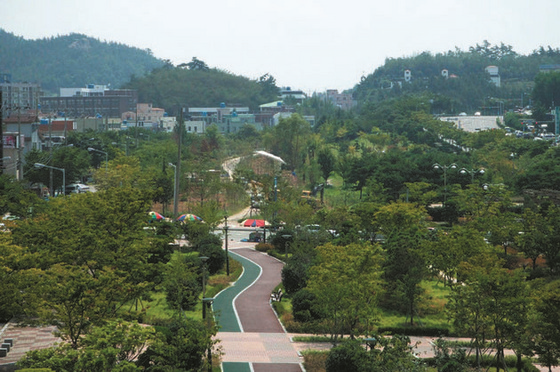 하늘에서 내려다본 나무가 울창한 웰빙공원 전경